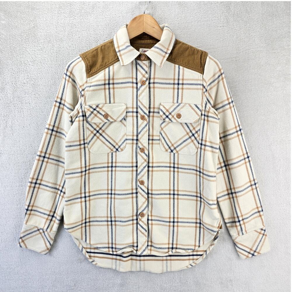 Faherty Daly Shirt Womens XS Beige Brown Plaid Flannel Western Sand Dune